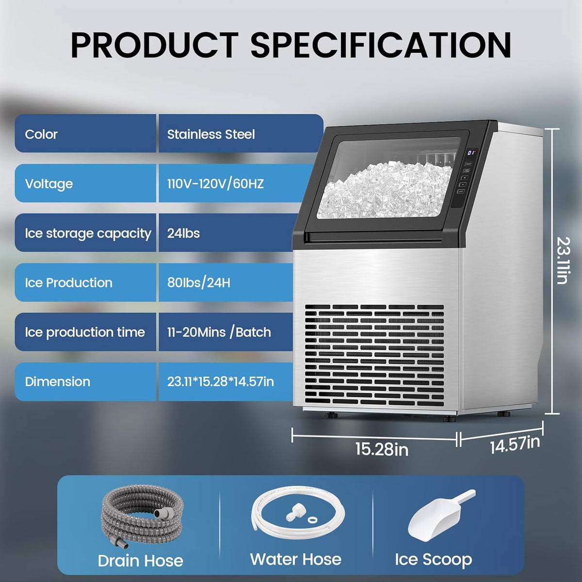 80Lbs/24H Undercounter ice Machine with 28Lbs Ice Storage Capacity