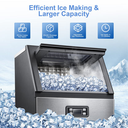 Commercial Ice Maker Machine,100Lbs/Day,45 Cubes/Batch in 11 - 20 Mins,Stainless Steel Freestanding